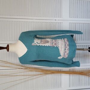Hollister Teal V-Neck Sweater with Llama Design